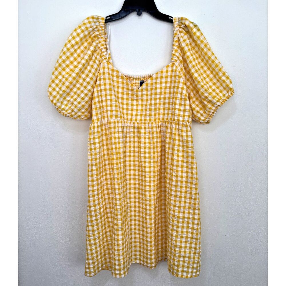 Old Navy Womens Seersucker Gingham Dress Large Milkmaid Puff Sleeves Summer Farm